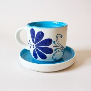 Floral Blue and White Mug with Saucer